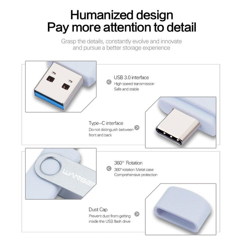 New WANSENDA USB 3.0 TYPE C USB Flash Drive OTG Pen Drive 512GB 256GB 128GB 64GB 32GB 16GB USB Stick 2 in 1 High Speed Pendrive - Loja Shopmart